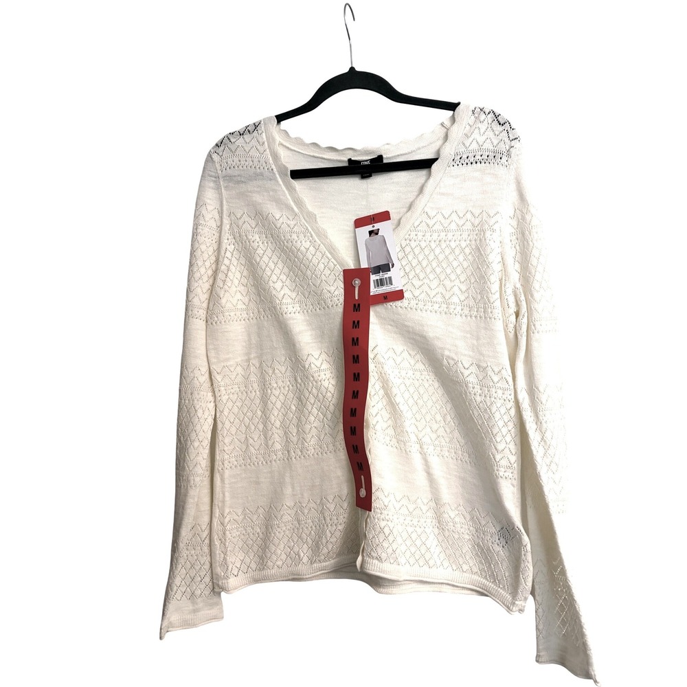 Frye Ivory Pointelle Knit Scalloped V-Neck Cardigan Sweater Womens Medium NWT